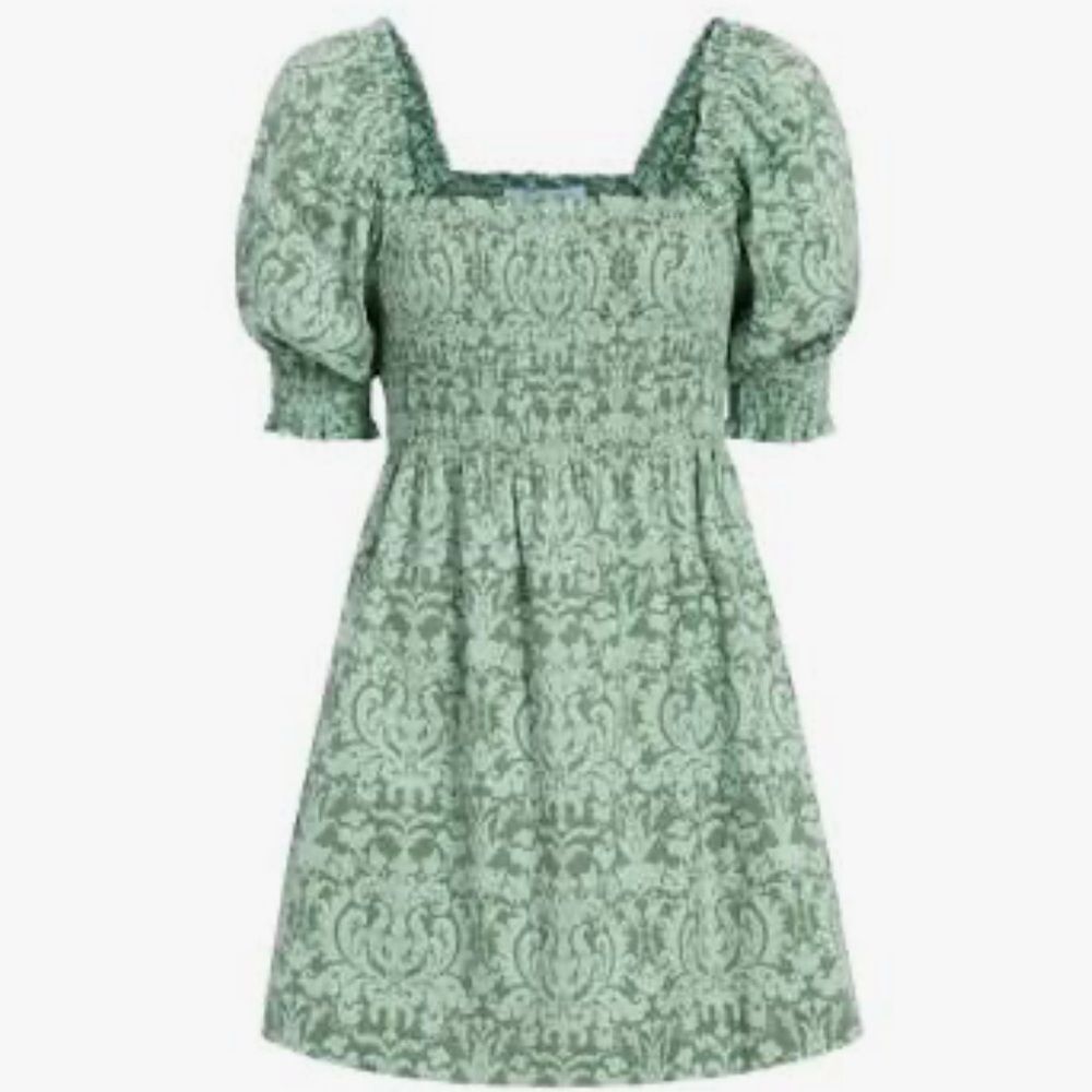 Hill House Athena Dress in Sage Green Damask